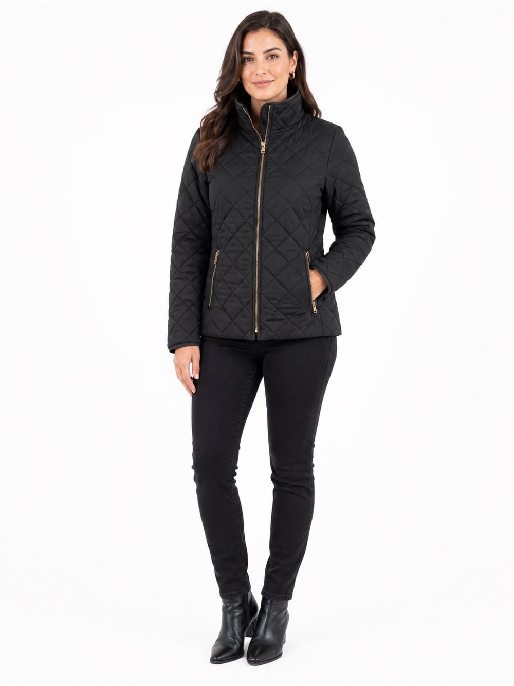 Old Navy Women’s Medium Black Quilted Jacket Gold Zip Lightweight Puffer